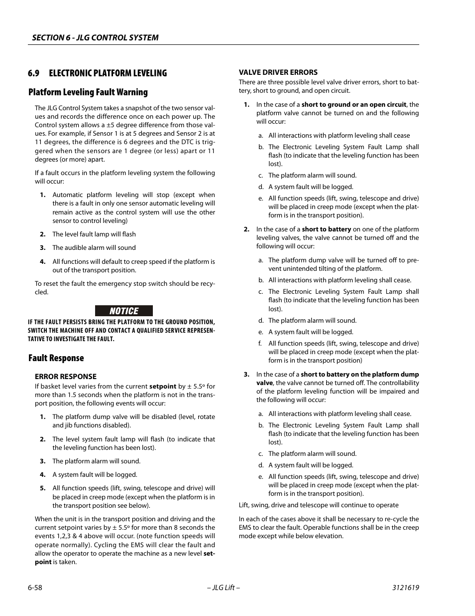 9 electronic platform leveling, Platform leveling fault warning, Fault response | Electronic platform leveling -58 | JLG 1850SJ Service Manual User Manual | Page 340 / 452