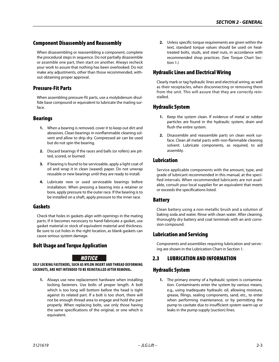 Component disassembly and reassembly, Pressure-fit parts, Bearings | Gaskets, Bolt usage and torque application, Hydraulic lines and electrical wiring, Hydraulic system, Lubrication, Battery, Lubrication and servicing | JLG 1850SJ Service Manual User Manual | Page 35 / 452