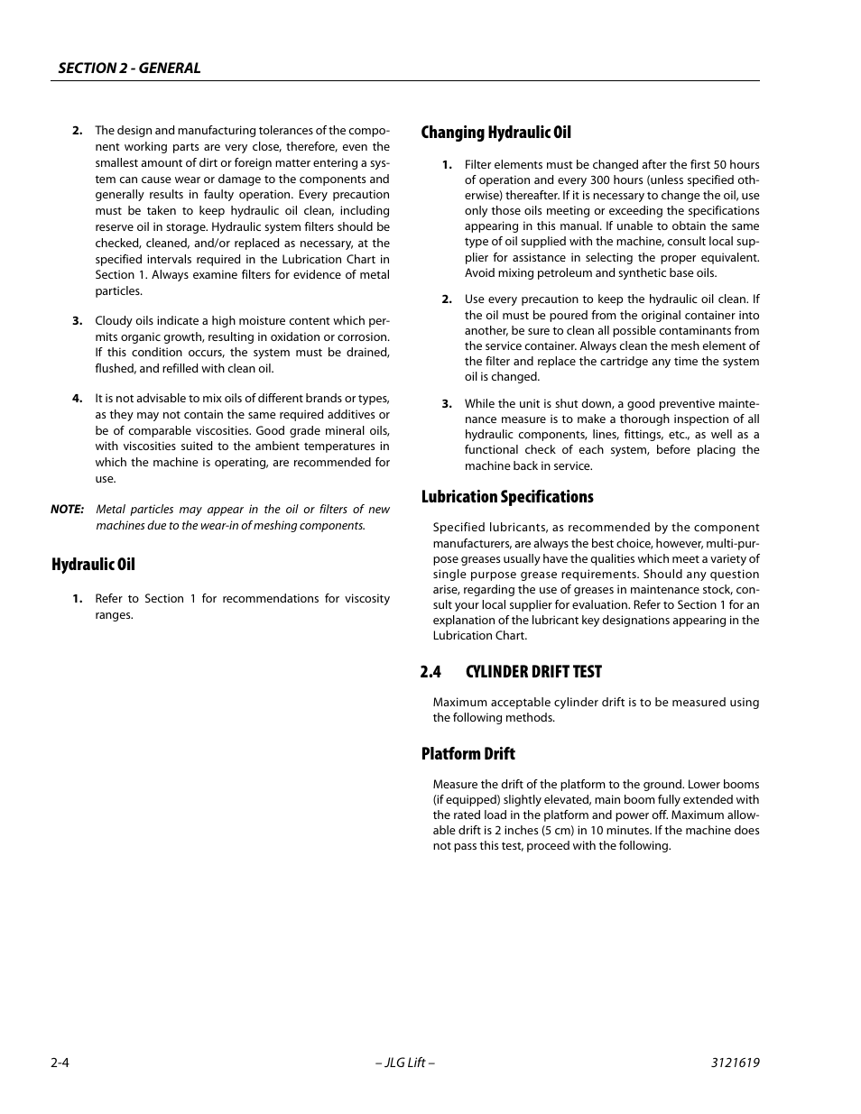 Hydraulic oil, Changing hydraulic oil, Lubrication specifications | 4 cylinder drift test, Platform drift, Cylinder drift test -4, Platform drift -4 | JLG 1850SJ Service Manual User Manual | Page 36 / 452