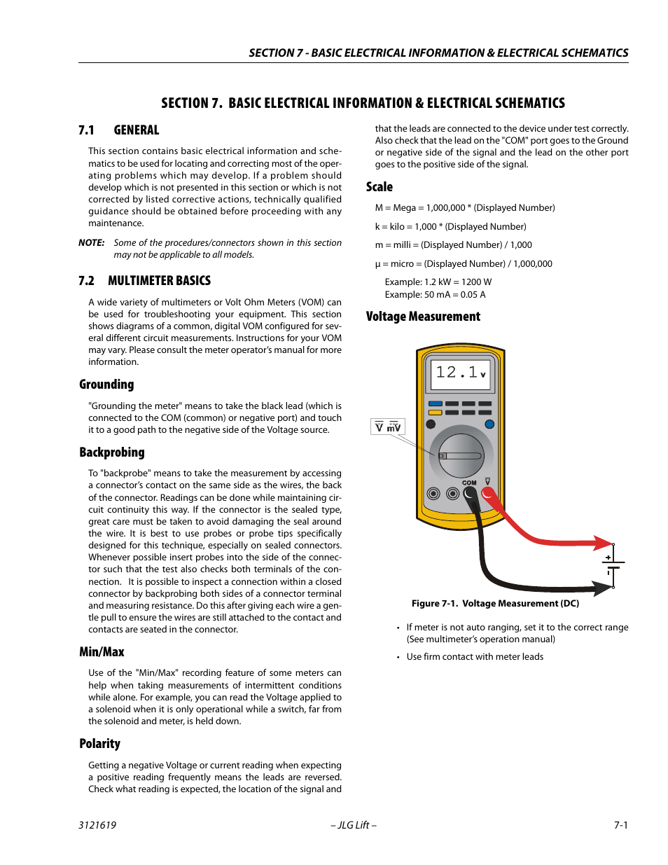 1 general, 2 multimeter basics, Grounding | Backprobing, Min/max, Polarity, Scale, Voltage measurement, Section, General -1 | JLG 1850SJ Service Manual User Manual | Page 361 / 452
