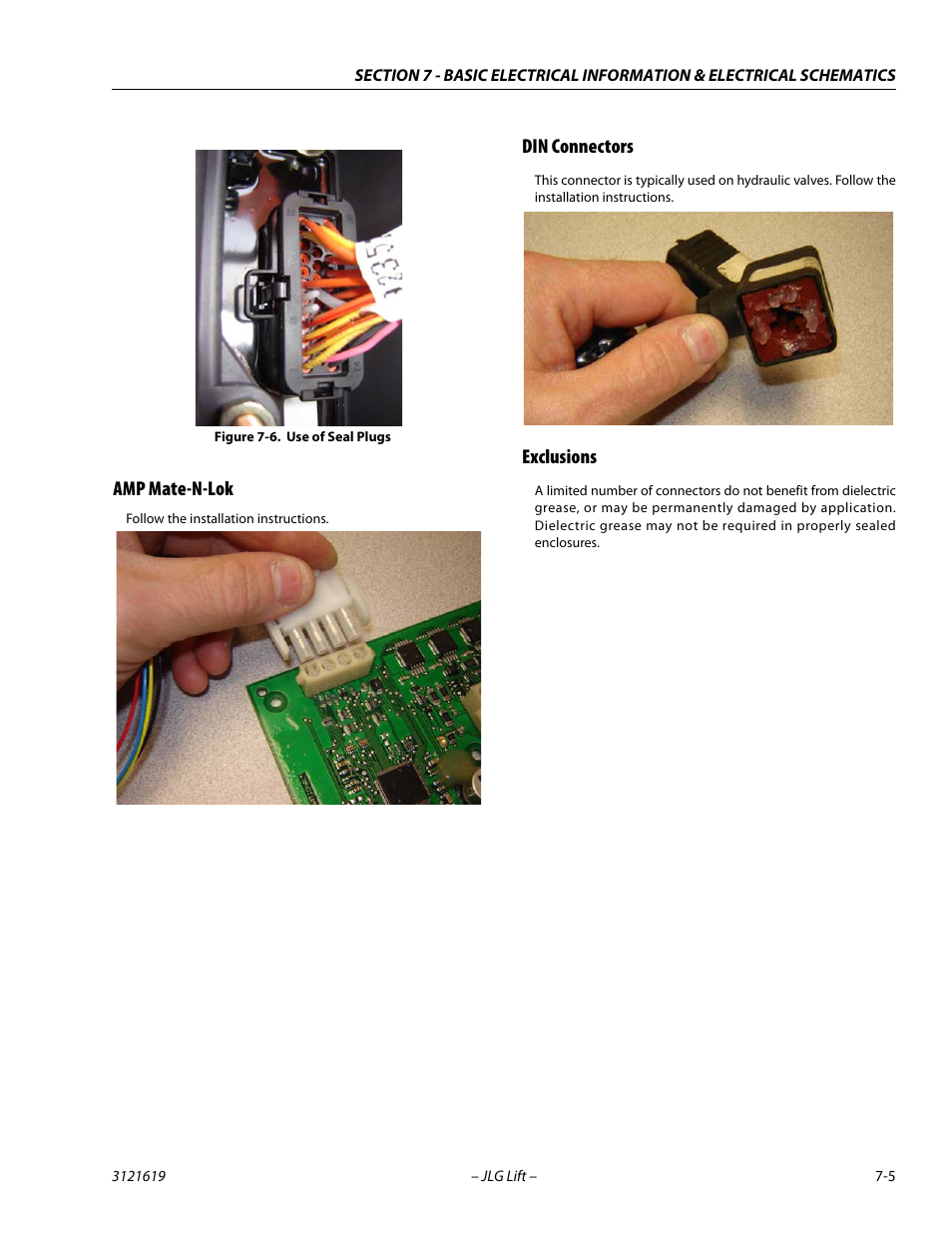 Amp mate-n-lok, Din connectors, Exclusions | Amp mate-n-lok -5 din connectors -5 exclusions -5, Use of seal plugs -5 | JLG 1850SJ Service Manual User Manual | Page 365 / 452