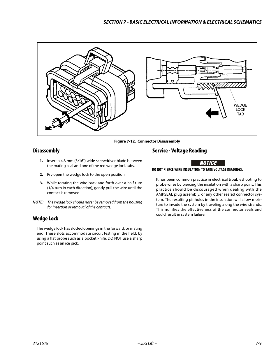 Disassembly, Wedge lock, Service - voltage reading | Connector disassembly -9 | JLG 1850SJ Service Manual User Manual | Page 369 / 452