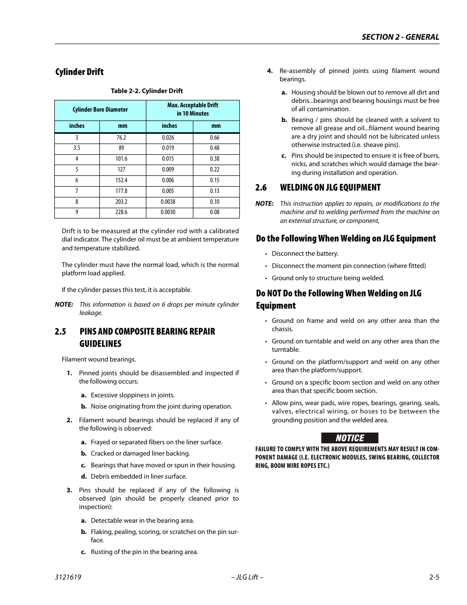 Cylinder drift, 5 pins and composite bearing repair guidelines, 6 welding on jlg equipment | Do the following when welding on jlg equipment, Cylinder drift -5, Pins and composite bearing repair guidelines -5, Welding on jlg equipment -5 | JLG 1850SJ Service Manual User Manual | Page 37 / 452