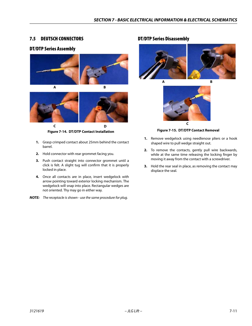 5 deutsch connectors, Dt/dtp series assembly, Dt/dtp series disassembly | Deutsch connectors -11, Dt/dtp contact installation -11, Dt/dtp contact removal -11, 5 deutsch connectors dt/dtp series assembly | JLG 1850SJ Service Manual User Manual | Page 371 / 452