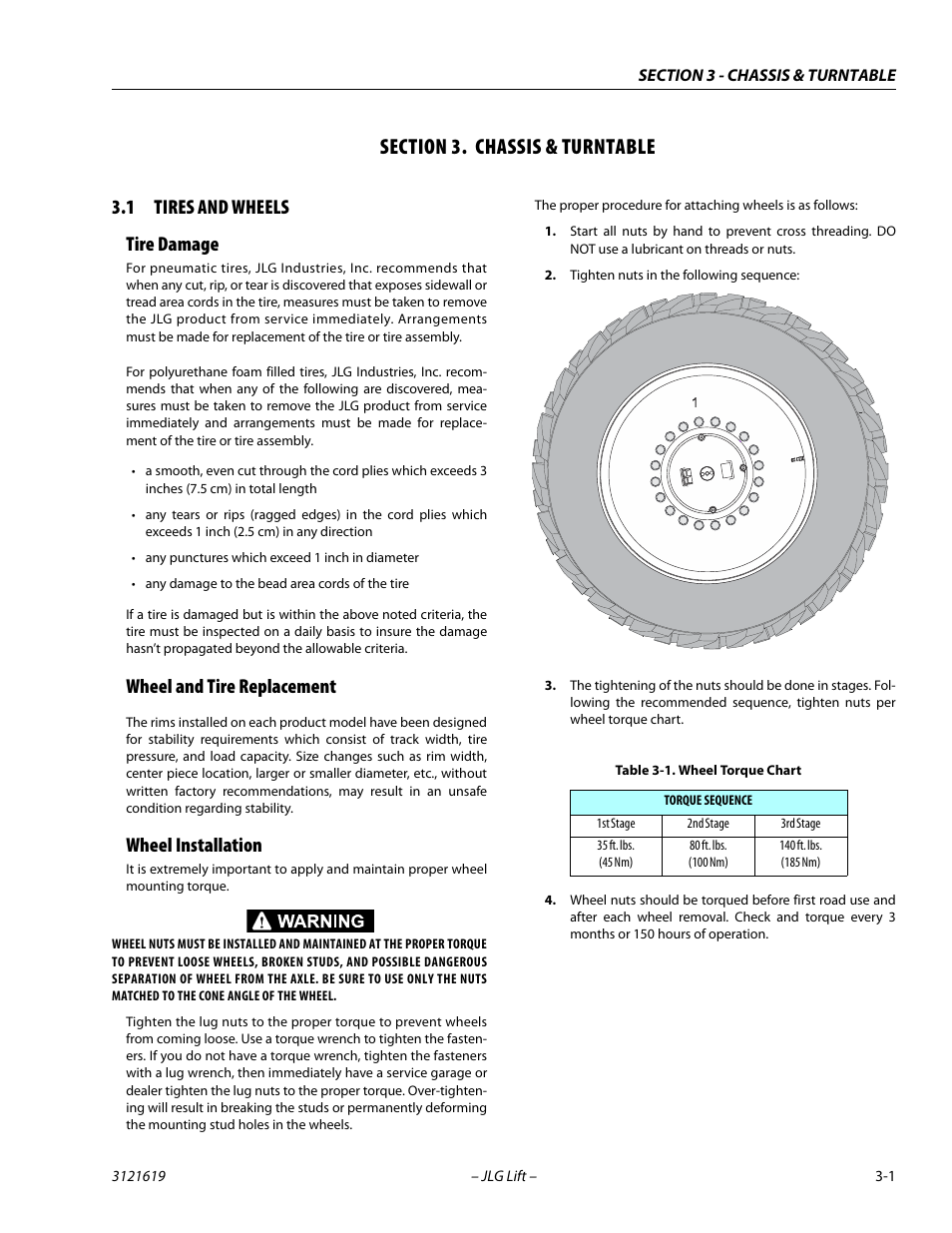 Section 3. chassis & turntable, 1 tires and wheels, Tire damage | Wheel and tire replacement, Wheel installation, Section, 3 - chassis & turntable, Tires and wheels -1, Wheel torque chart -1, 1 tires and wheels tire damage | JLG 1850SJ Service Manual User Manual | Page 43 / 452
