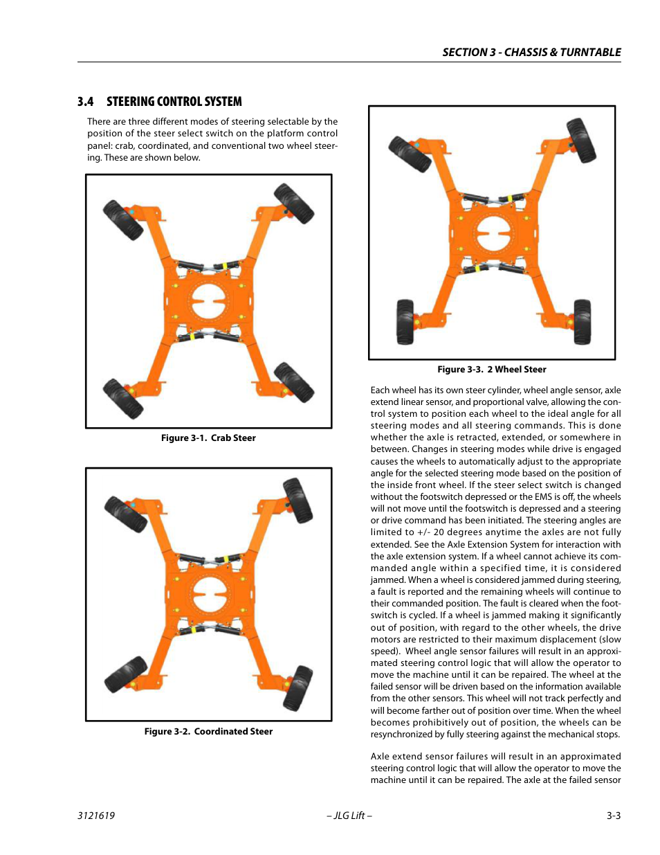 4 steering control system, Steering control system -3, Crab steer -3 | Coordinated steer -3, 2 wheel steer -3 | JLG 1850SJ Service Manual User Manual | Page 45 / 452