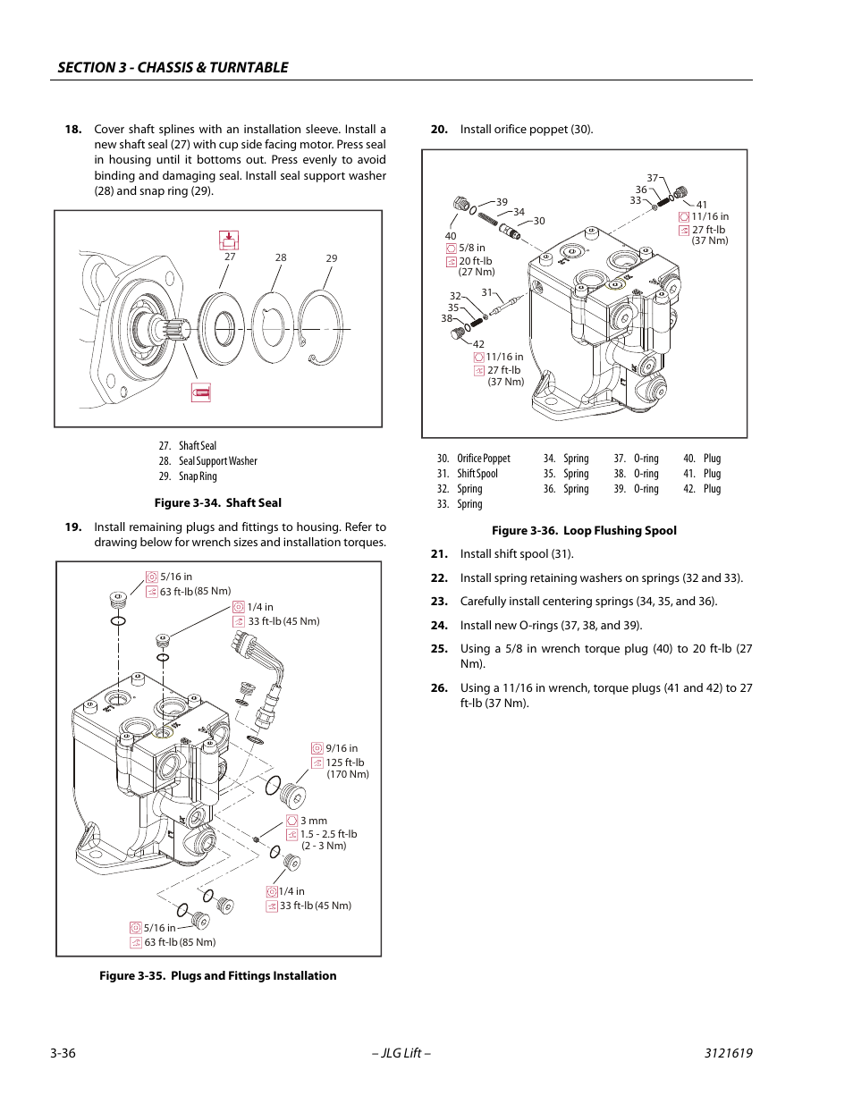 Shaft seal -36, Plugs and fittings installation -36, Loop flushing spool -36 | JLG 1850SJ Service Manual User Manual | Page 78 / 452