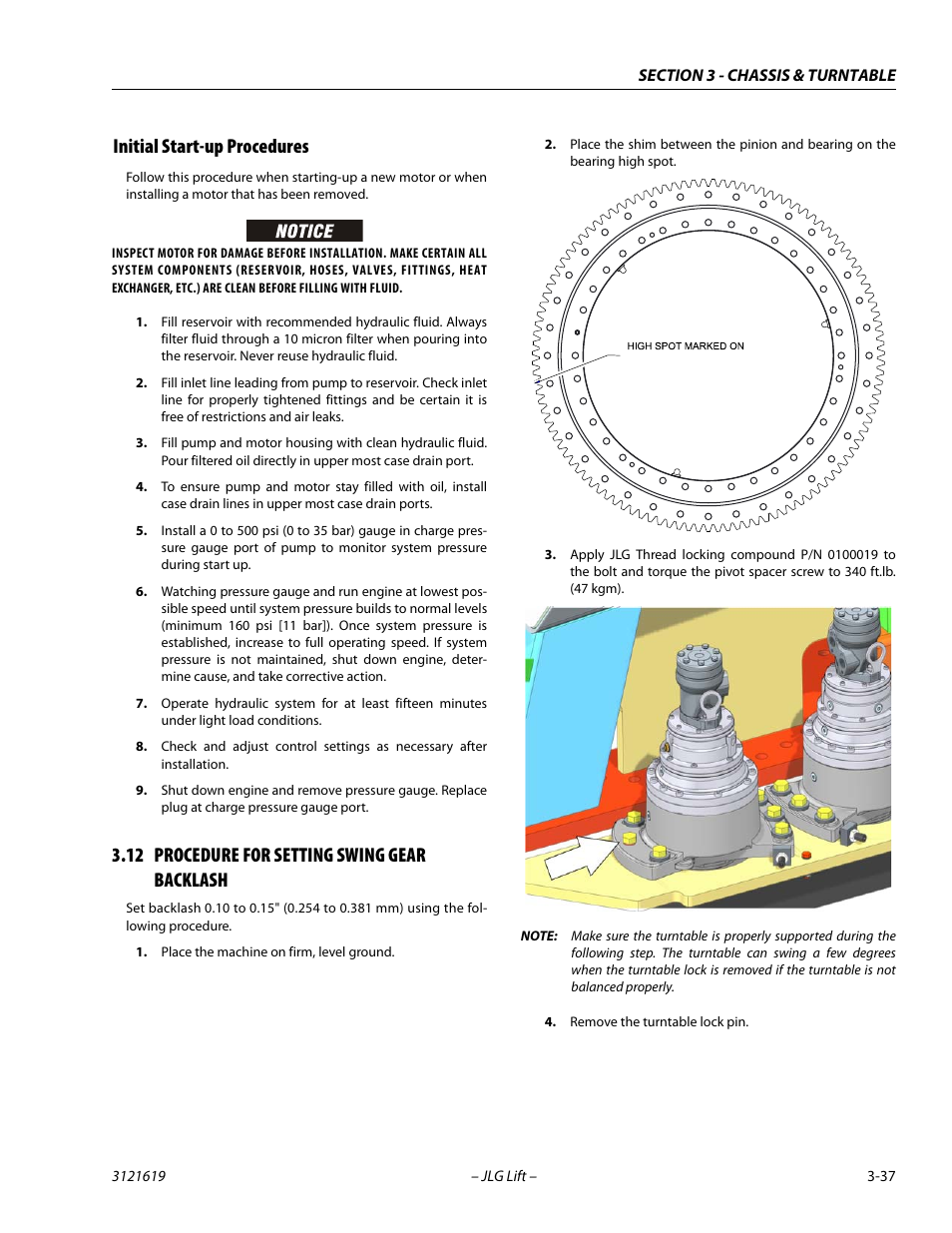 Initial start-up procedures, 12 procedure for setting swing gear backlash, Initial start-up procedures -37 | Procedure for setting swing gear backlash -37 | JLG 1850SJ Service Manual User Manual | Page 79 / 452