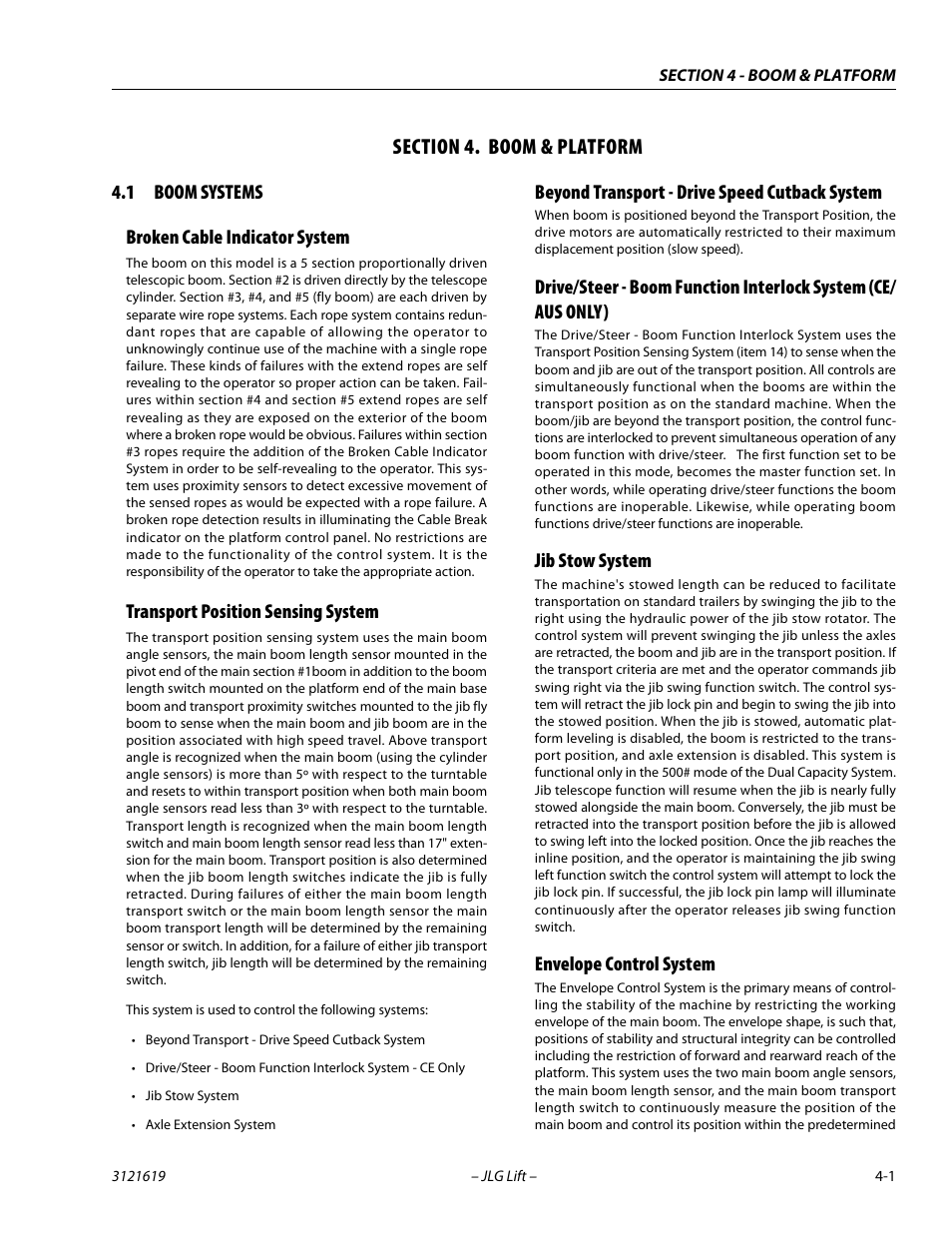 Section 4. boom & platform, 1 boom systems, Broken cable indicator system | Transport position sensing system, Beyond transport - drive speed cutback system, Jib stow system, Envelope control system, Section, 4 - boom & platform, Boom systems -1 | JLG 1850SJ Service Manual User Manual | Page 87 / 452