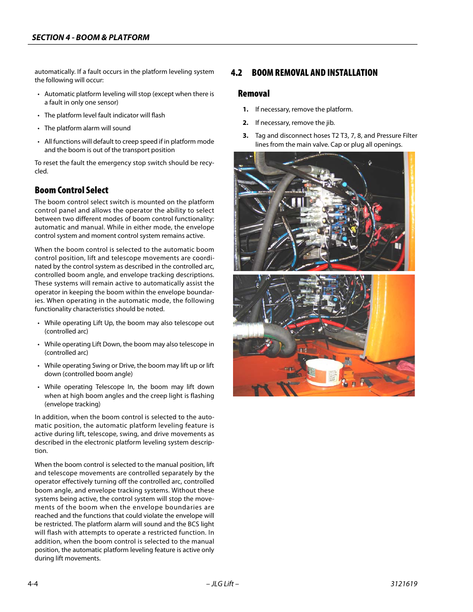 Boom control select, 2 boom removal and installation, Removal | Boom control select -4, Boom removal and installation -4, Removal -4, 2 boom removal and installation removal | JLG 1850SJ Service Manual User Manual | Page 90 / 452