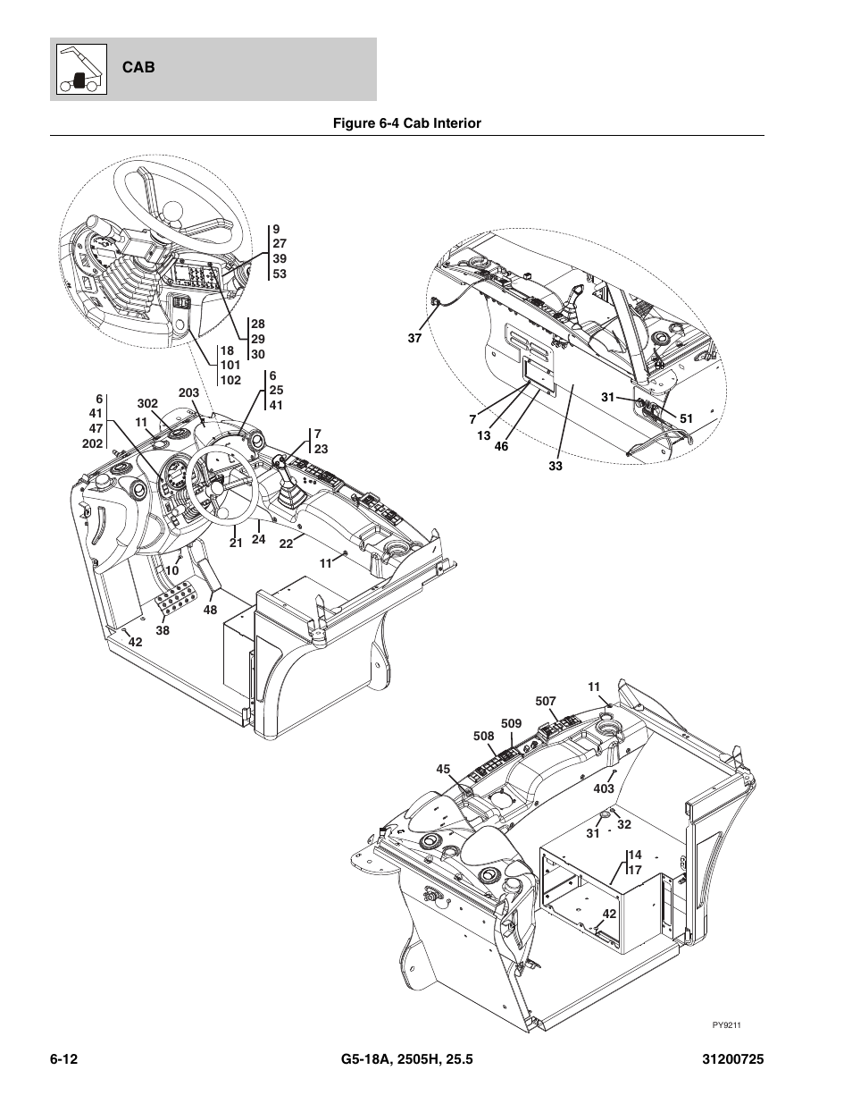 Figure 6-4 cab interior, Cab interior -12, N), (see figure 6-4 for details) | Ash, (see figure 6-4 for details) | JLG Agrovector (31200725) 25.5 Parts Manual User Manual | Page 128 / 302