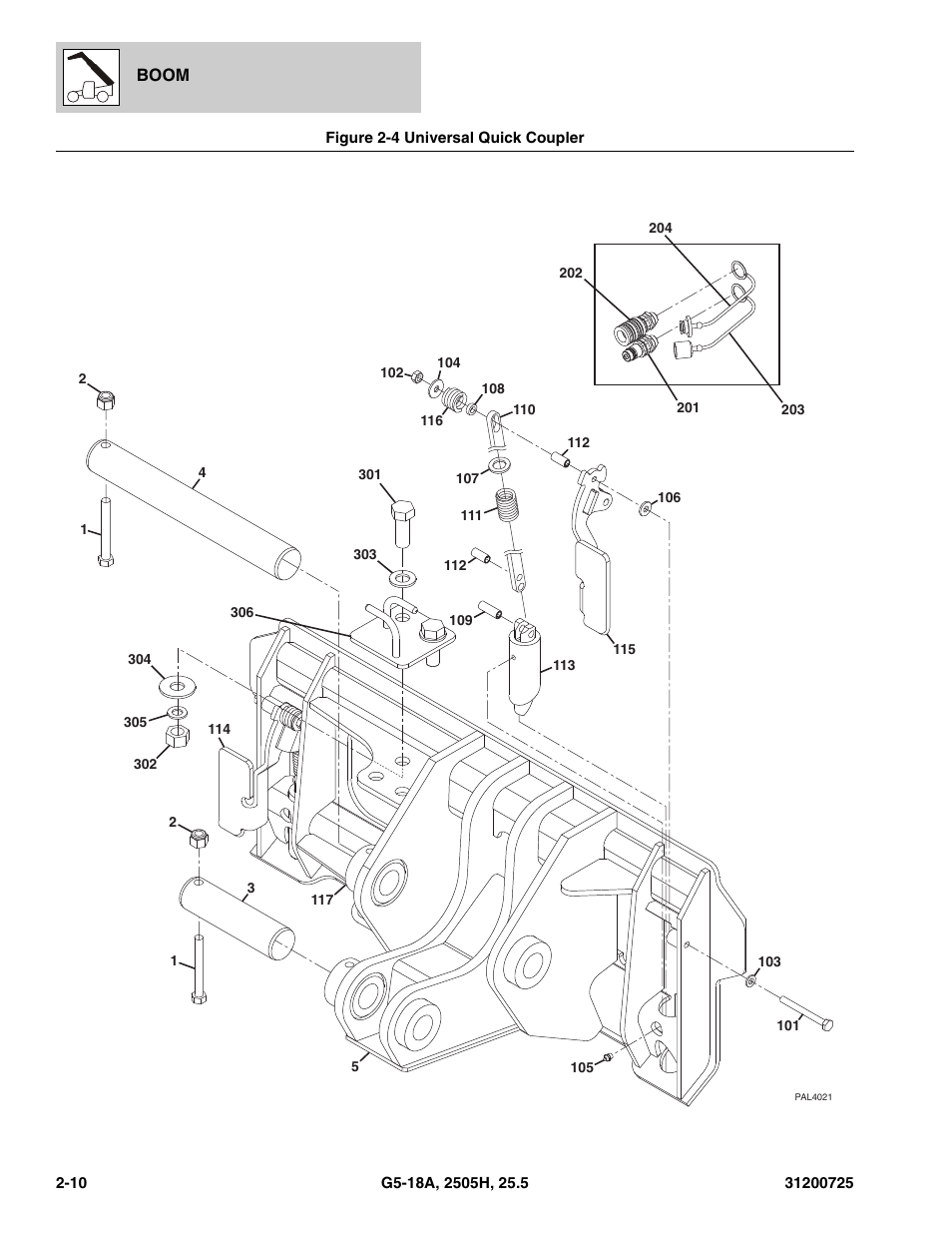 Figure 2-4 universal quick coupler, Universal quick coupler -10 | JLG Agrovector (31200725) 25.5 Parts Manual User Manual | Page 38 / 302