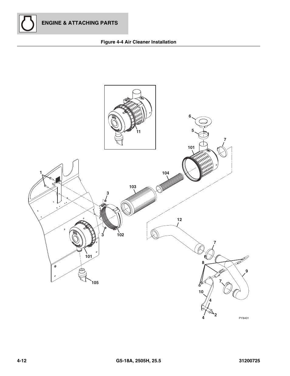 Figure 4-4 air cleaner installation, Air cleaner installation -12 | JLG Agrovector (31200725) 25.5 Parts Manual User Manual | Page 78 / 302