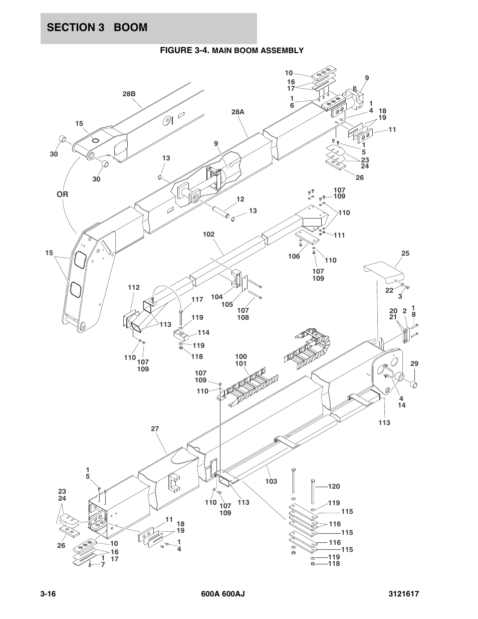 Figure 3-4. main boom assembly | JLG 600A_AJ Parts Manual User Manual | Page 150 / 282