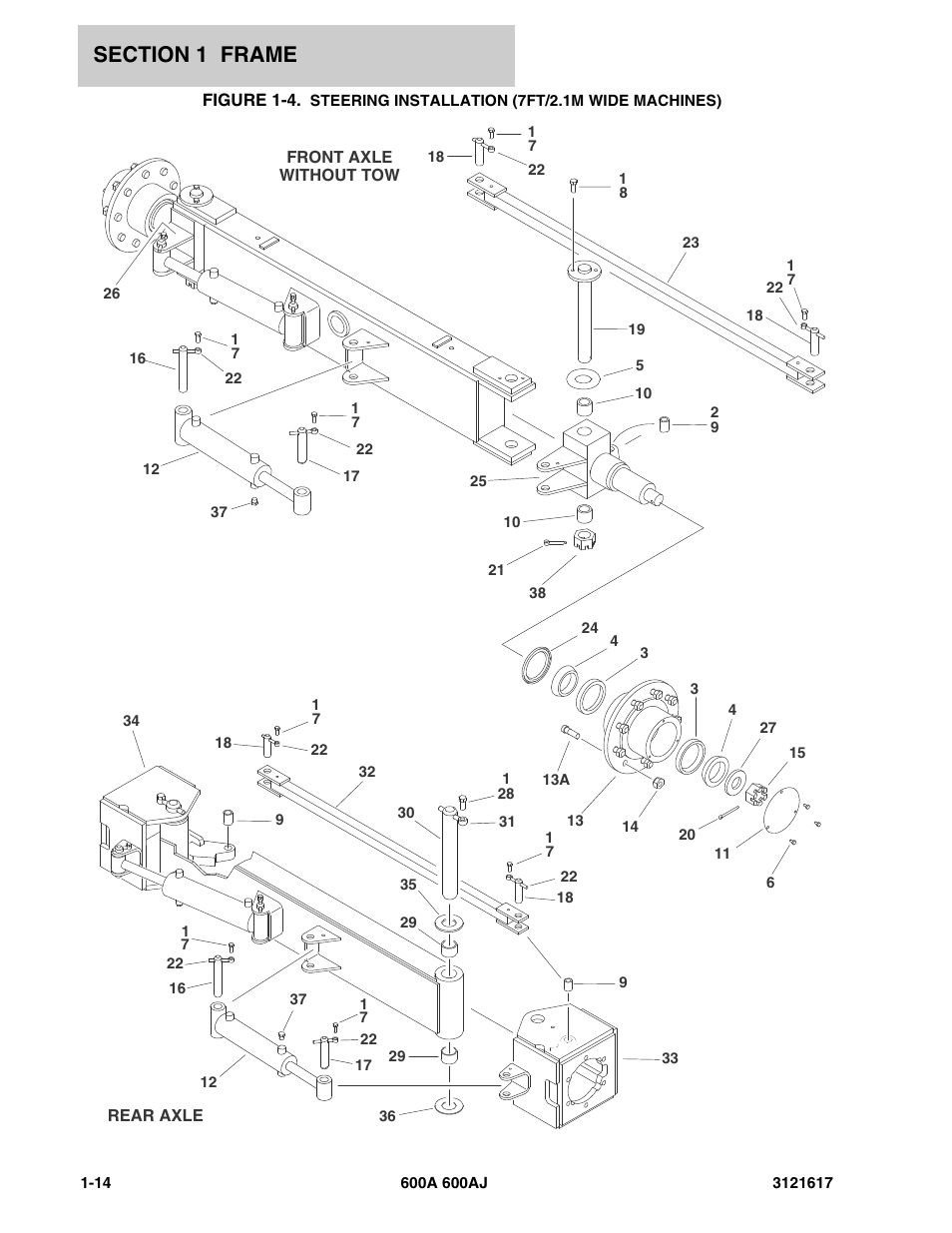 Steering installation (7ft/2.1m wide machines) -14 | JLG 600A_AJ Parts Manual User Manual | Page 20 / 282