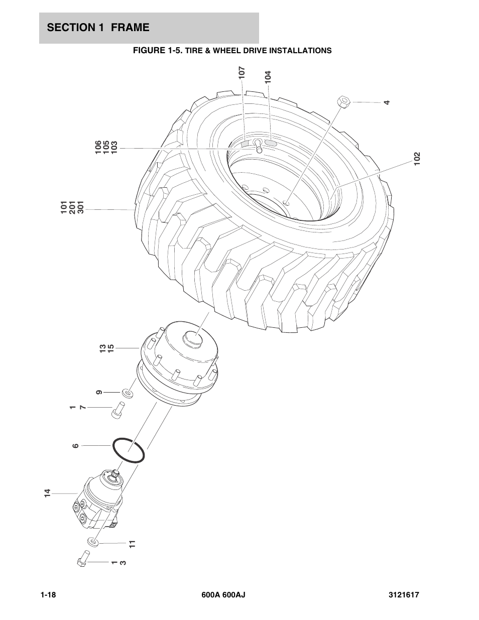 Figure 1-5. tire & wheel drive installations | JLG 600A_AJ Parts Manual User Manual | Page 24 / 282