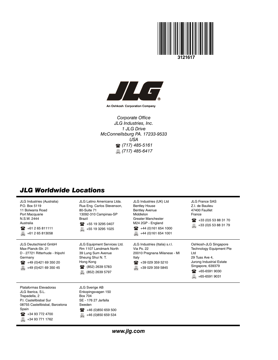 Jlg worldwide locations | JLG 600A_AJ Parts Manual User Manual | Page 282 / 282