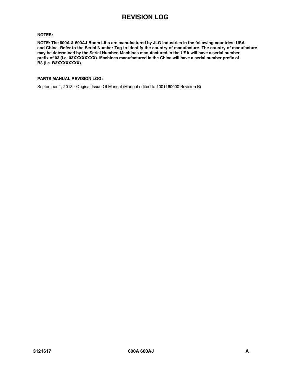 Revision log | JLG 600A_AJ Parts Manual User Manual | Page 3 / 282