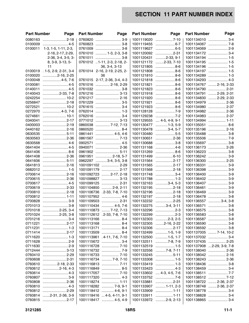 Section 11 part number index, 11 - part number index -1 | JLG 18RS Parts Manual User Manual | Page 129 / 136