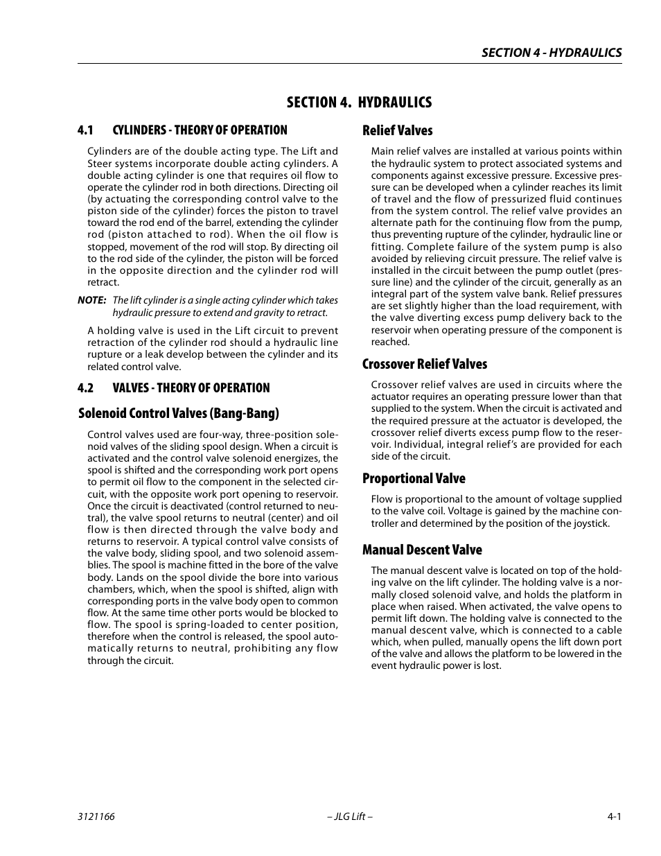 Section 4. hydraulics, 1 cylinders - theory of operation, 2 valves - theory of operation | Solenoid control valves (bang-bang), Relief valves, Crossover relief valves, Proportional valve, Manual descent valve, Section, 4 - hydraulics | JLG 3246ES Service Manual User Manual | Page 103 / 222
