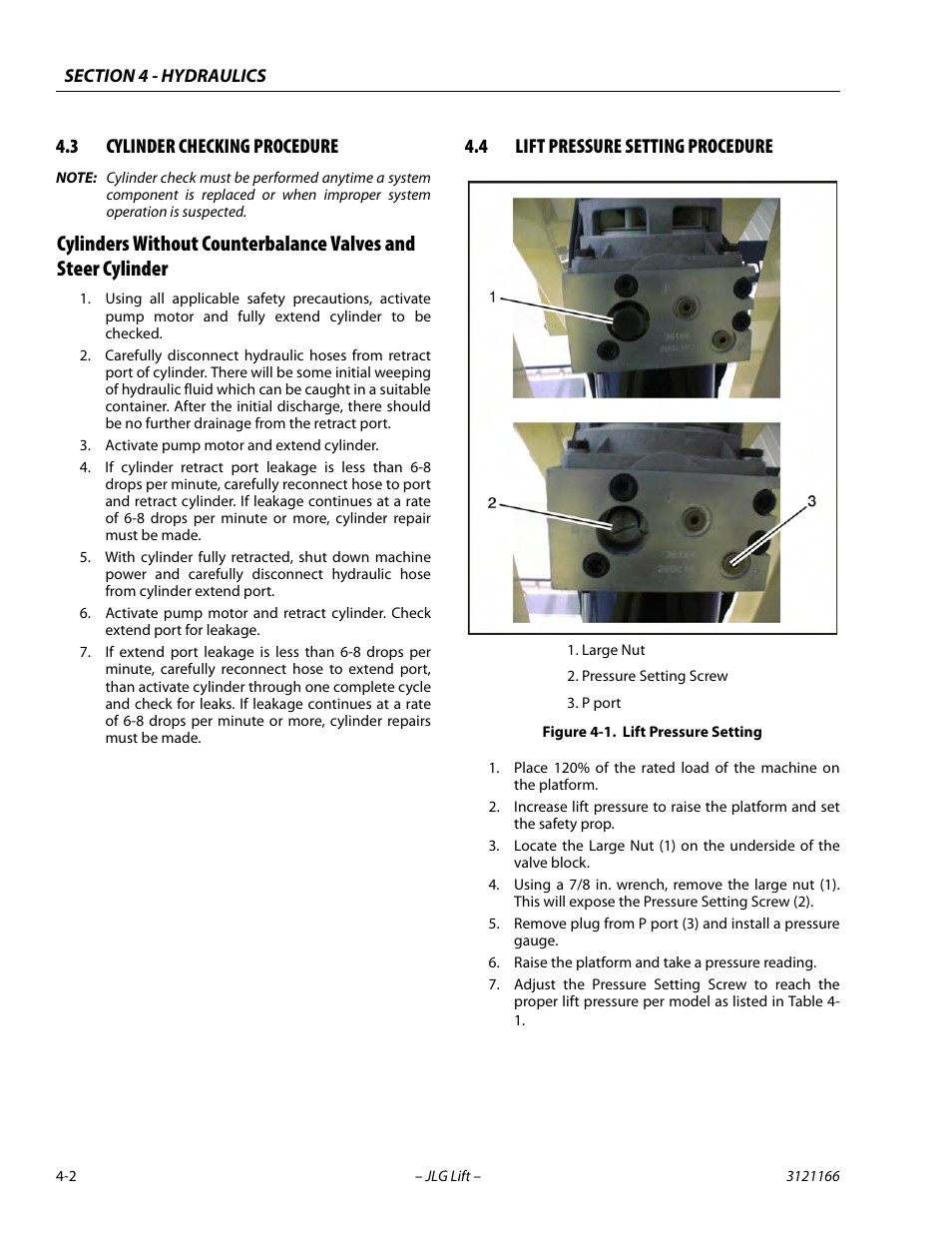 3 cylinder checking procedure, 4 lift pressure setting procedure, Cylinder checking procedure -2 | Lift pressure setting procedure -2, Lift pressure setting -2 | JLG 3246ES Service Manual User Manual | Page 104 / 222