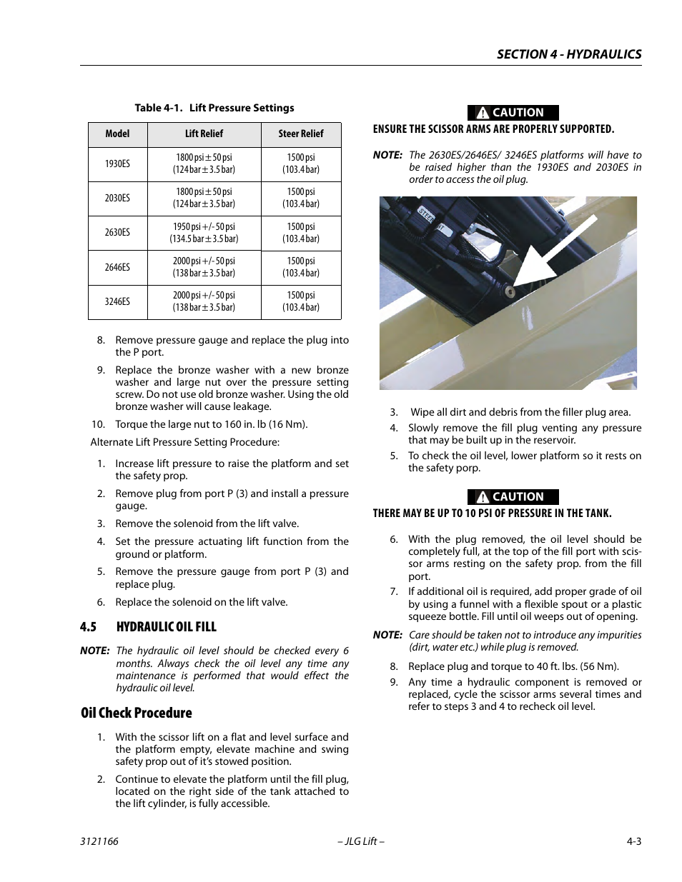 5 hydraulic oil fill, Oil check procedure, Hydraulic oil fill -3 | Oil check procedure -3, Lift pressure settings -3 | JLG 3246ES Service Manual User Manual | Page 105 / 222