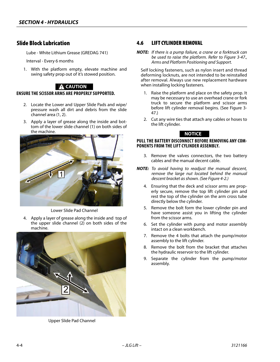 Slide block lubrication, 6 lift cylinder removal, Slide block lubrication -4 | Lift cylinder removal -4, Section 4.6, lift cylin- der removal) | JLG 3246ES Service Manual User Manual | Page 106 / 222