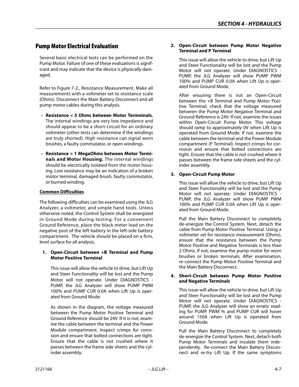 Pump motor electrical evaluation, Pump motor electrical evaluation -7 | JLG 3246ES Service Manual User Manual | Page 109 / 222