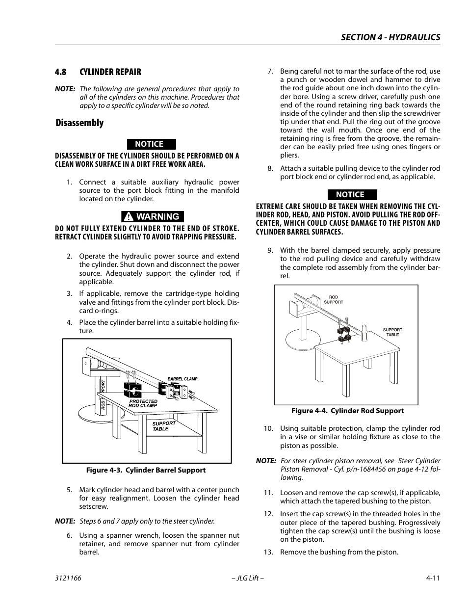 8 cylinder repair, Disassembly, Cylinder repair -11 | Disassembly -11, Cylinder barrel support -11, Cylinder rod support -11 | JLG 3246ES Service Manual User Manual | Page 113 / 222