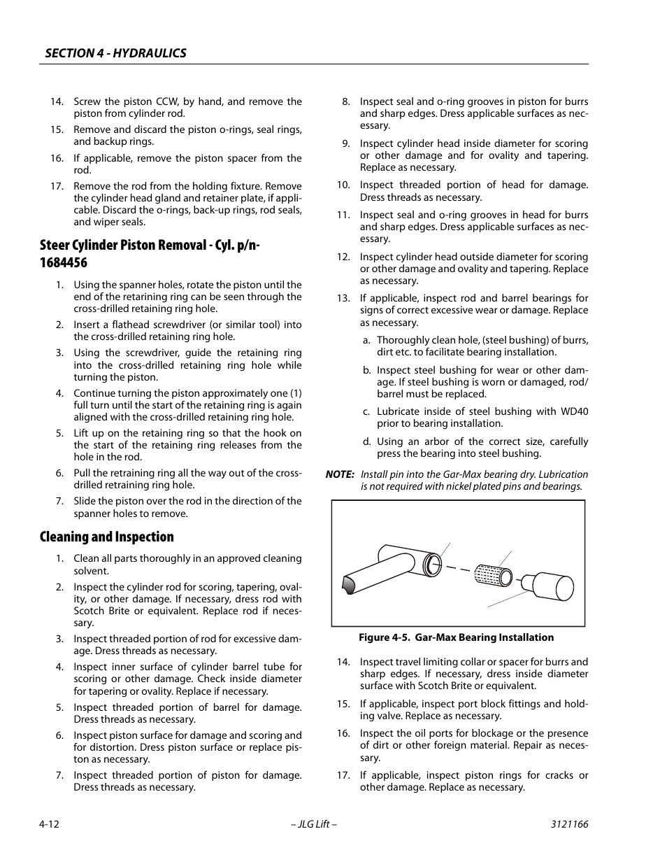 Steer cylinder piston removal - cyl. p/n- 1684456, Cleaning and inspection, Gar-max bearing installation -12 | JLG 3246ES Service Manual User Manual | Page 114 / 222