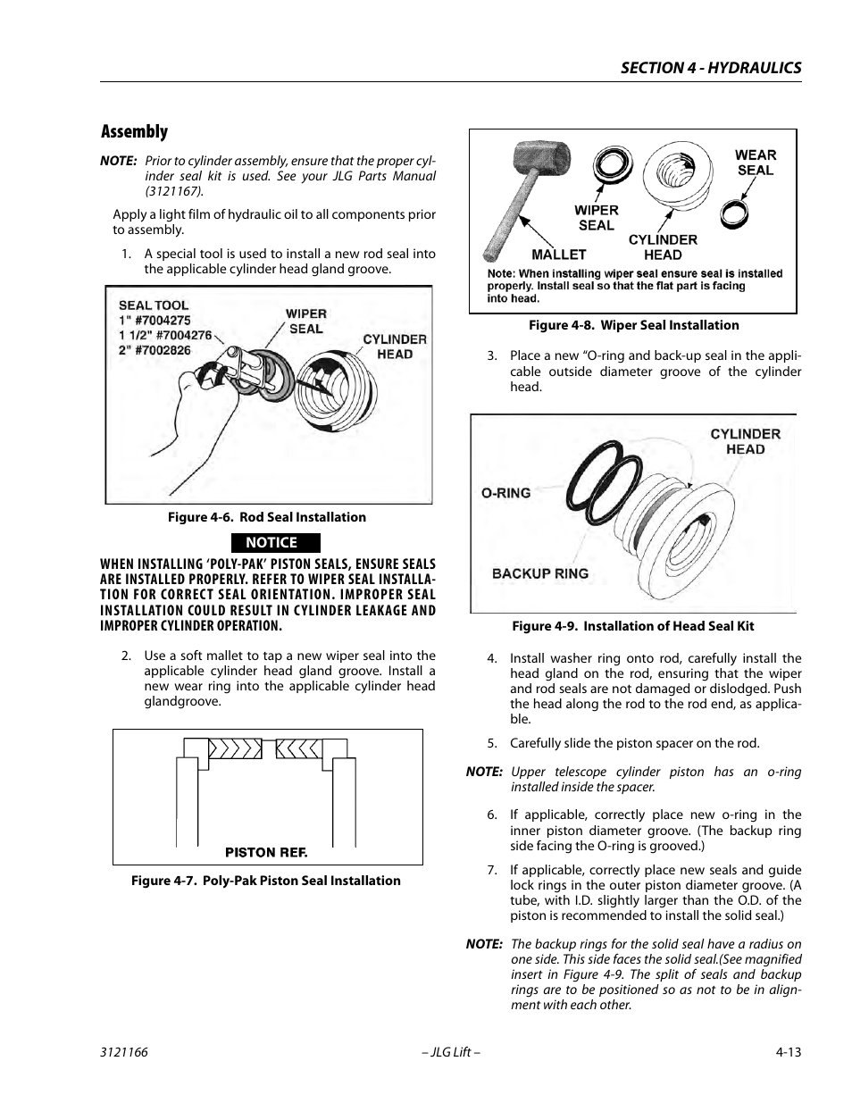 Assembly, Assembly -13, Rod seal installation -13 | Poly-pak piston seal installation -13, Wiper seal installation -13, Installation of head seal kit -13 | JLG 3246ES Service Manual User Manual | Page 115 / 222