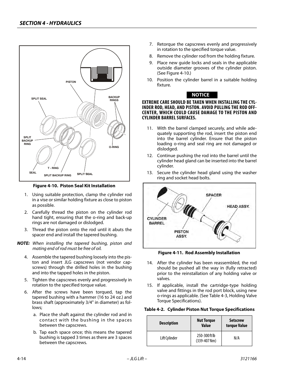Piston seal kit installation -14, Rod assembly installation -14, Cylinder piston nut torque specifications -15 | JLG 3246ES Service Manual User Manual | Page 116 / 222
