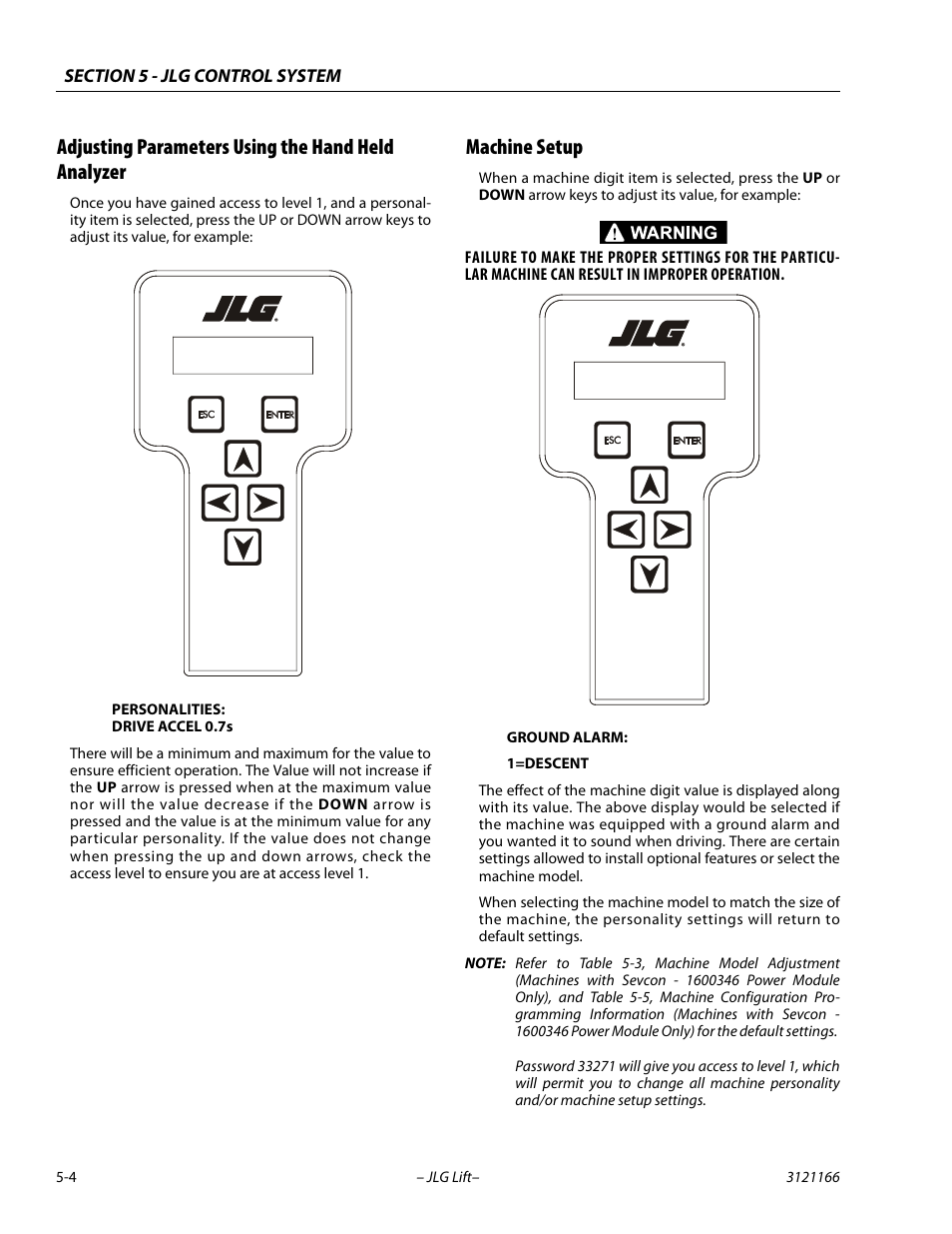 Adjusting parameters using the hand held analyzer, Machine setup | JLG 3246ES Service Manual User Manual | Page 124 / 222