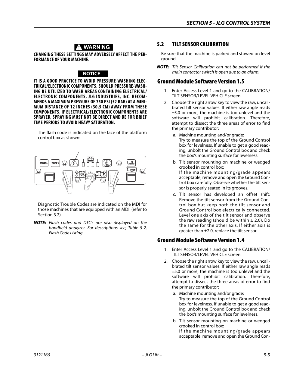 2 tilt sensor calibration, Ground module software version 1.5, Ground module software version 1.4 | Tilt sensor calibration -5 | JLG 3246ES Service Manual User Manual | Page 125 / 222