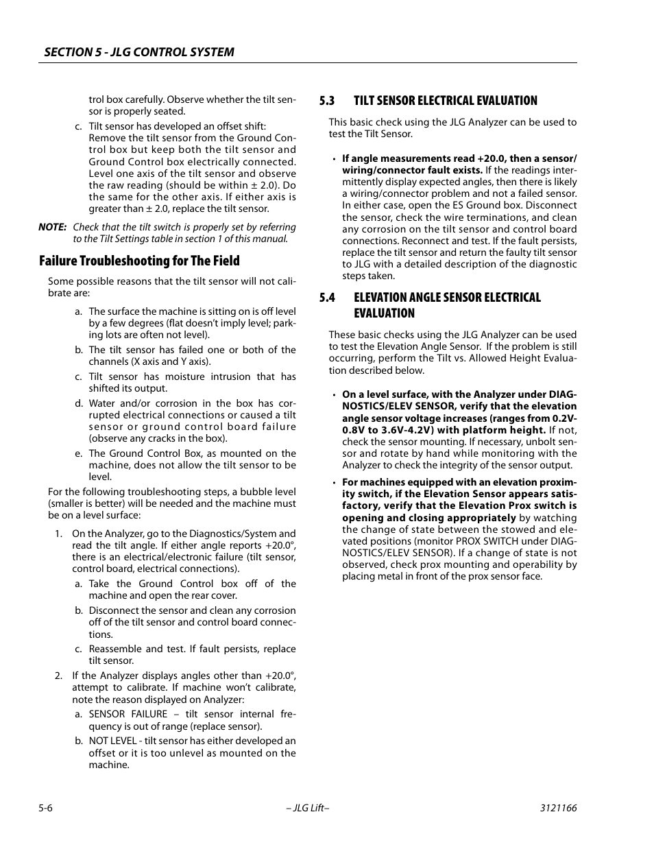 Failure troubleshooting for the field, 3 tilt sensor electrical evaluation, 4 elevation angle sensor electrical evaluation | Failure troubleshooting for the field -6, Tilt sensor electrical evaluation -6, Elevation angle sensor electrical evaluation -6 | JLG 3246ES Service Manual User Manual | Page 126 / 222