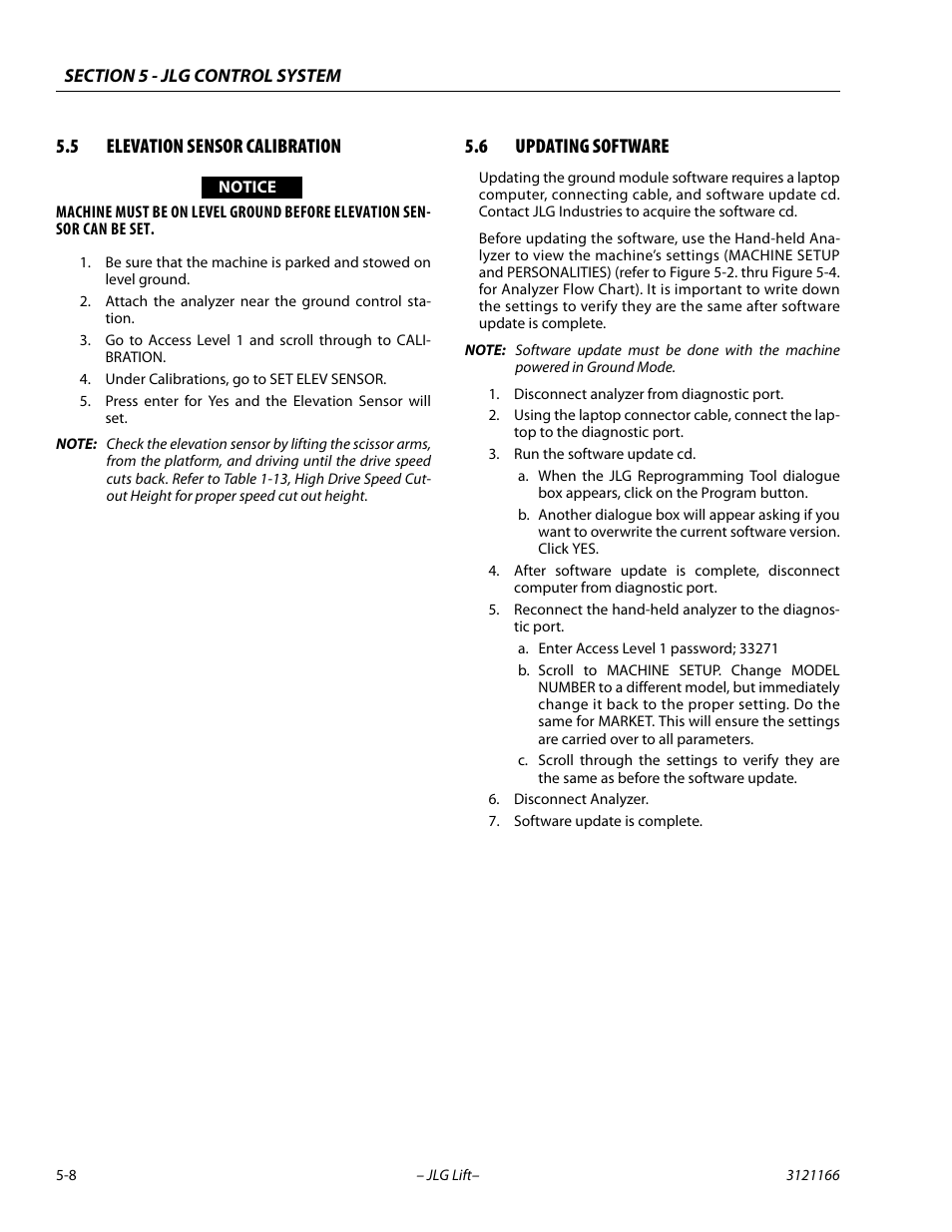 5 elevation sensor calibration, 6 updating software, Elevation sensor calibration -8 | Updating software -8 | JLG 3246ES Service Manual User Manual | Page 128 / 222