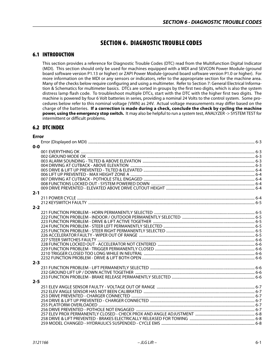 Section 6. diagnostic trouble codes, 1 introduction, 2 dtc index | Section, 6 - diagnostic trouble codes, Introduction -1, Dtc index -1, Section 6, diagnostic trouble codes | JLG 3246ES Service Manual User Manual | Page 153 / 222