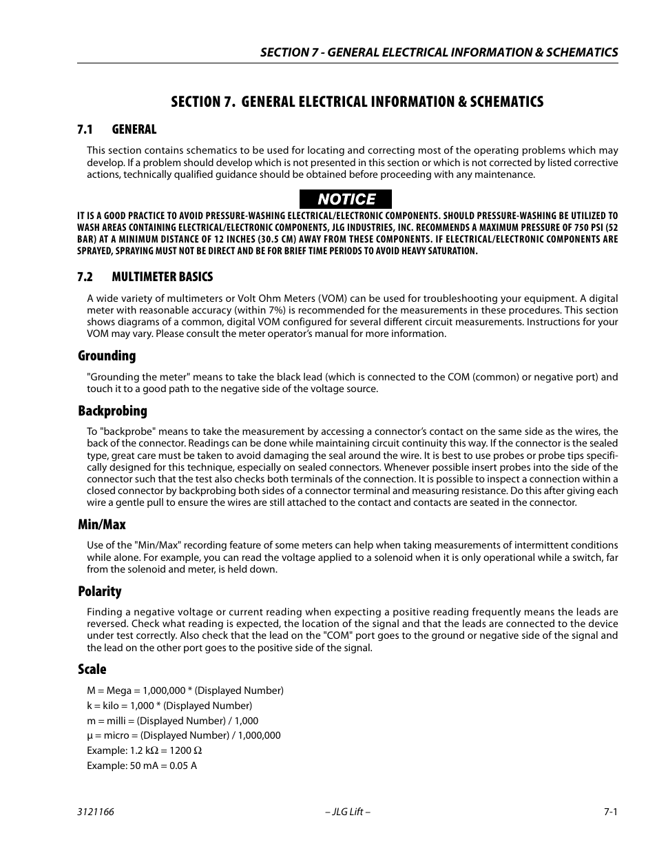 1 general, 2 multimeter basics, Grounding | Backprobing, Min/max, Polarity, Scale, Section, 7 - general electrical information & schematics, General -1 | JLG 3246ES Service Manual User Manual | Page 177 / 222