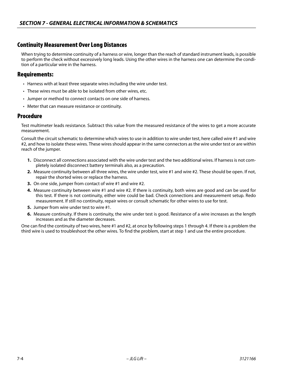 Continuity measurement over long distances, Requirements, Procedure | JLG 3246ES Service Manual User Manual | Page 180 / 222