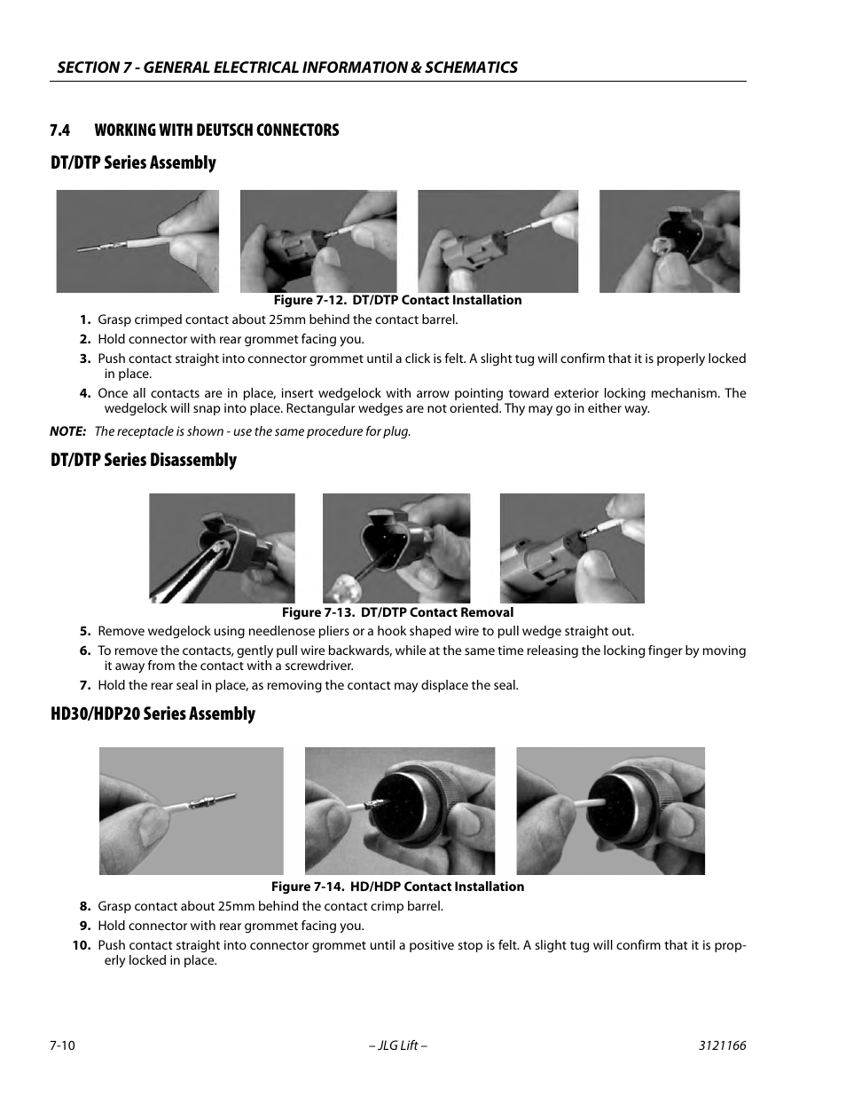 4 working with deutsch connectors, Dt/dtp series assembly, Dt/dtp series disassembly | Hd30/hdp20 series assembly, Working with deutsch connectors -10, Dt/dtp contact installation -10, Dt/dtp contact removal -10, Hd/hdp contact installation -10 | JLG 3246ES Service Manual User Manual | Page 186 / 222