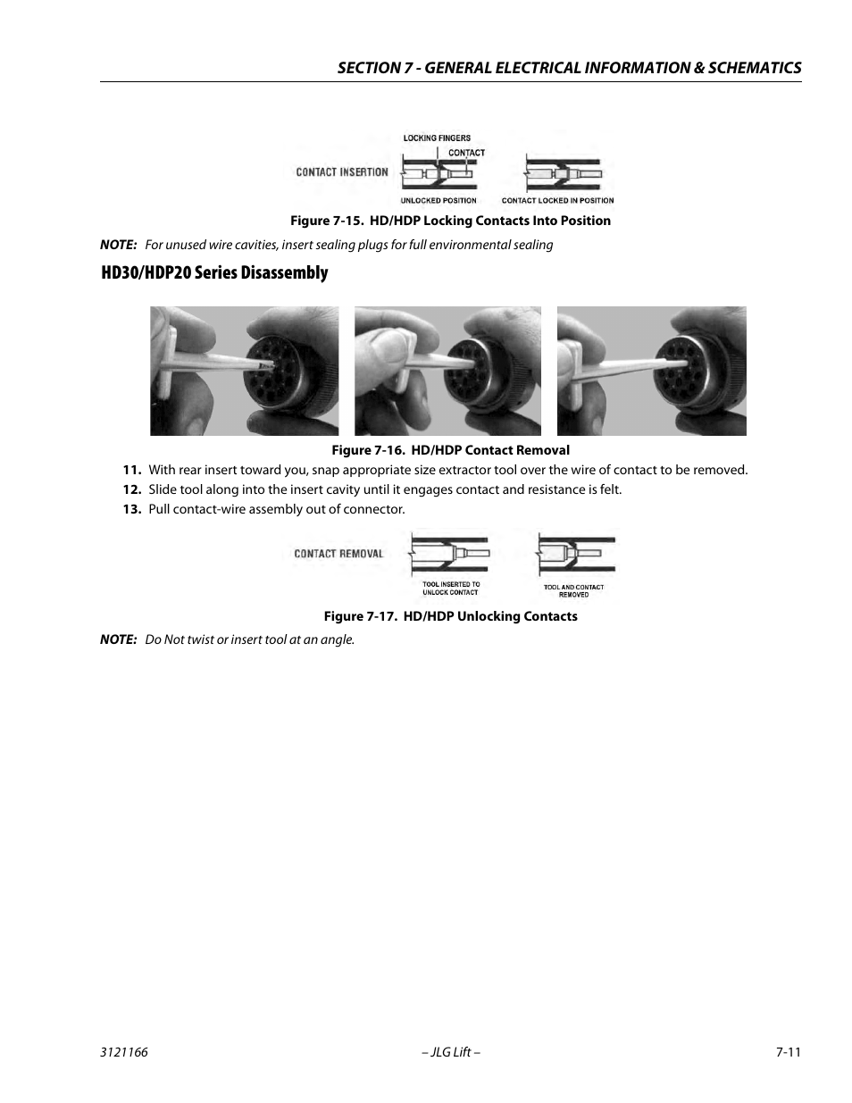Hd30/hdp20 series disassembly, Hd30/hdp20 series disassembly -11, Hd/hdp locking contacts into position -11 | Hd/hdp contact removal -11, Hd/hdp unlocking contacts -11 | JLG 3246ES Service Manual User Manual | Page 187 / 222