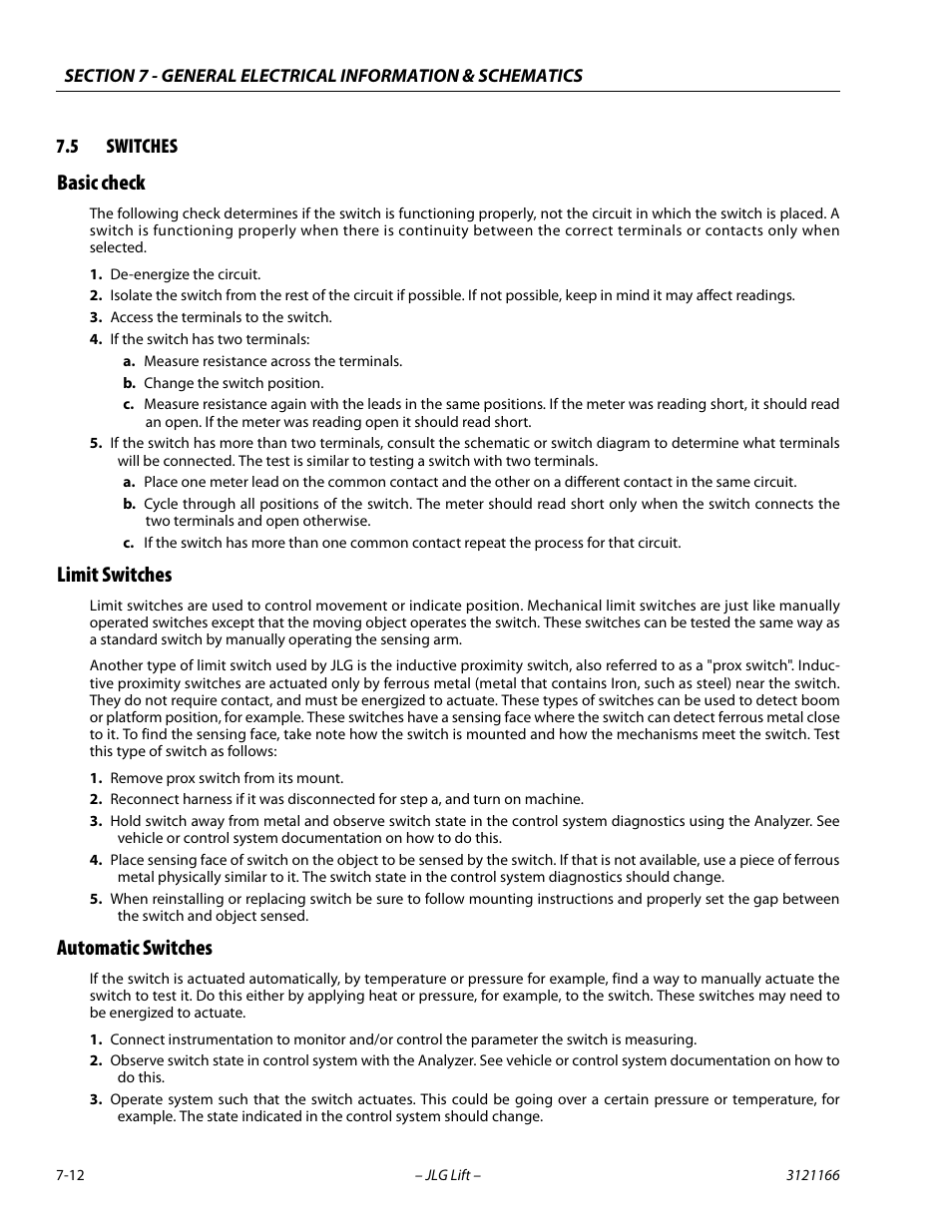5 switches, Basic check, Limit switches | Automatic switches, Switches -12 | JLG 3246ES Service Manual User Manual | Page 188 / 222