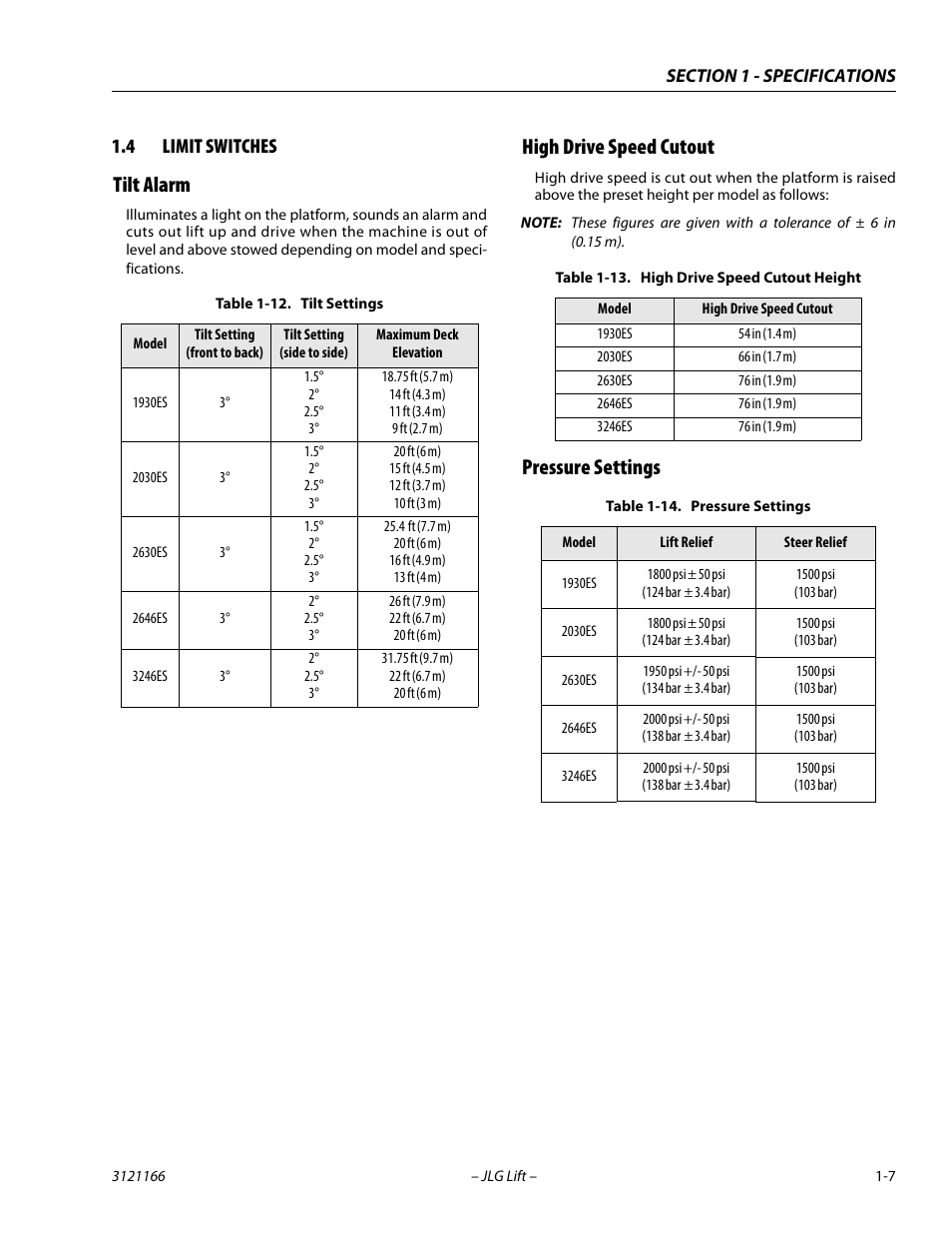 4 limit switches, Tilt alarm, High drive speed cutout | Pressure settings, Limit switches -7, Tilt settings -7, High drive speed cutout height -7, Pressure settings -7 | JLG 3246ES Service Manual User Manual | Page 19 / 222