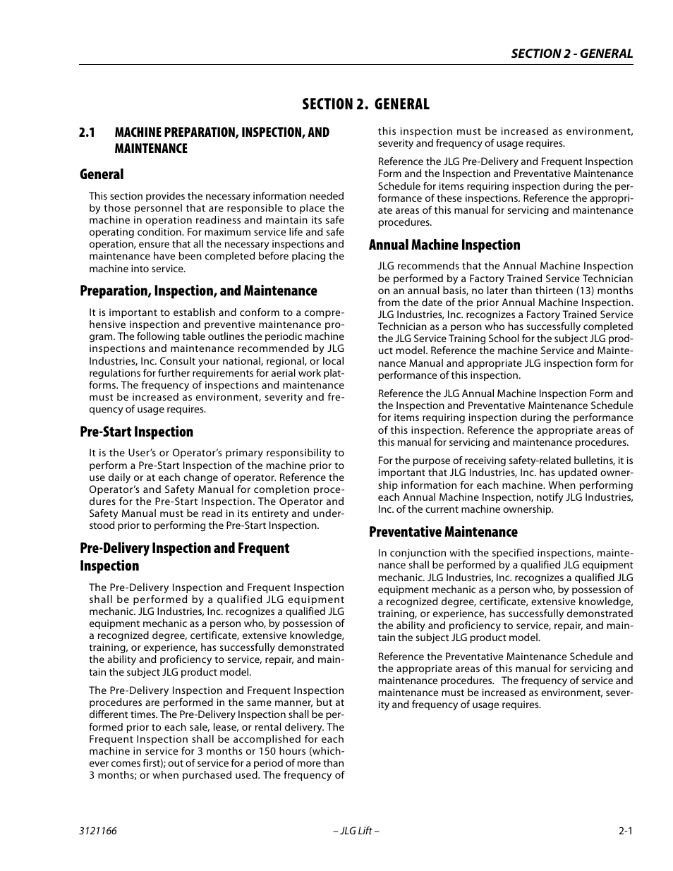 Section 2. general, 1 machine preparation, inspection, and maintenance, General | Preparation, inspection, and maintenance, Pre-start inspection, Pre-delivery inspection and frequent inspection, Annual machine inspection, Preventative maintenance, Section, 2 - general | JLG 3246ES Service Manual User Manual | Page 29 / 222