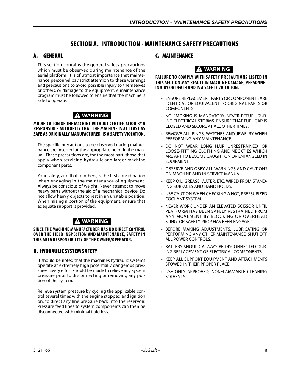 A. general, A. hydraulic system safety, A. maintenance | B . h ydraulic system safety, C . m aintenance | JLG 3246ES Service Manual User Manual | Page 3 / 222