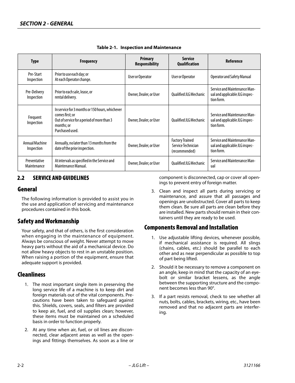 2 service and guidelines, General, Safety and workmanship | Cleanliness, Components removal and installation, Service and guidelines -2, Inspection and maintenance -2 | JLG 3246ES Service Manual User Manual | Page 30 / 222