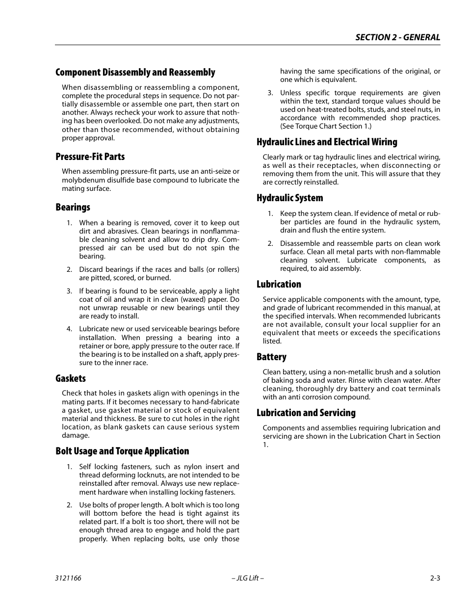 Component disassembly and reassembly, Pressure-fit parts, Bearings | Gaskets, Bolt usage and torque application, Hydraulic lines and electrical wiring, Hydraulic system, Lubrication, Battery, Lubrication and servicing | JLG 3246ES Service Manual User Manual | Page 31 / 222