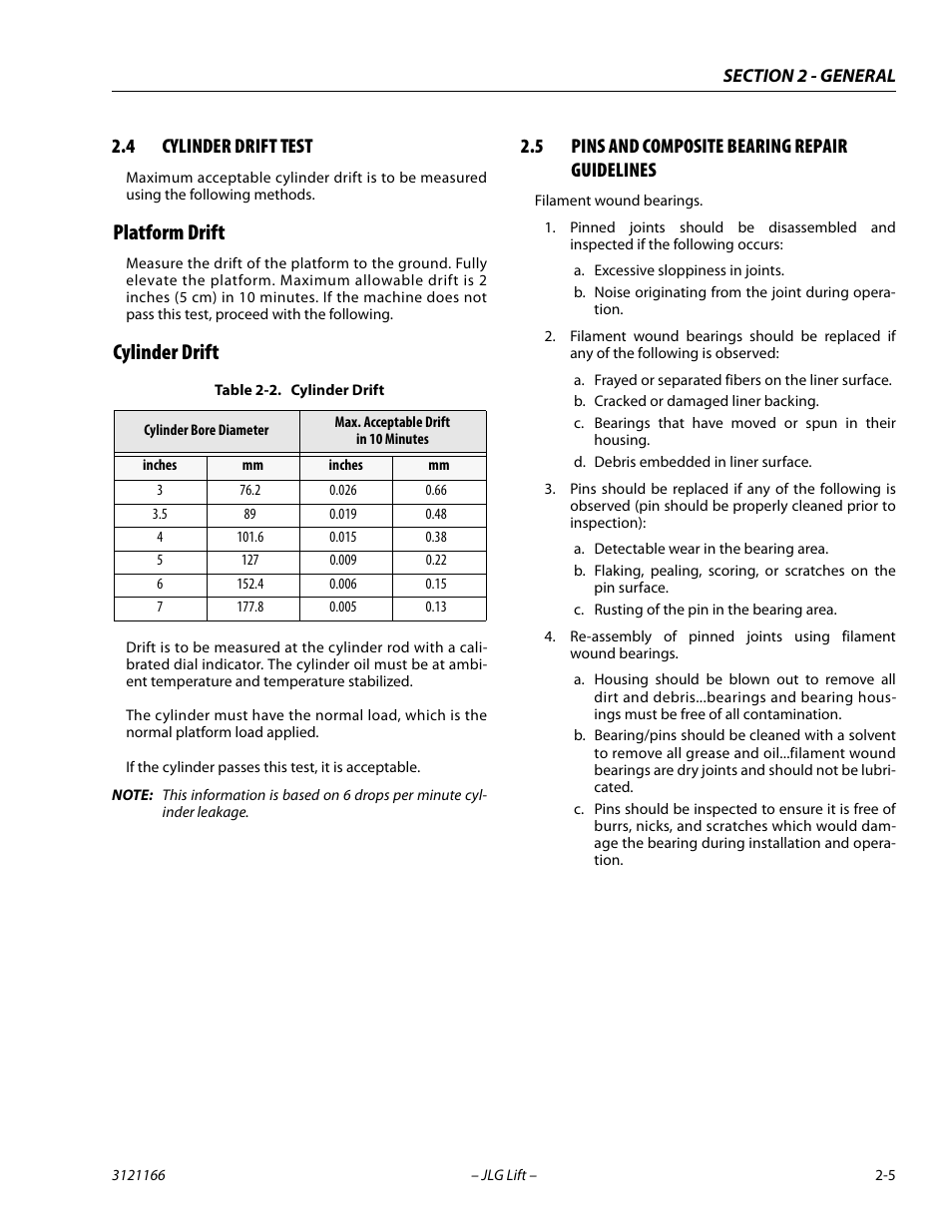 4 cylinder drift test, Platform drift, Cylinder drift | 5 pins and composite bearing repair guidelines, Cylinder drift test -5, Platform drift -5 cylinder drift -5, Pins and composite bearing repair guidelines -5, Cylinder drift -5 | JLG 3246ES Service Manual User Manual | Page 33 / 222