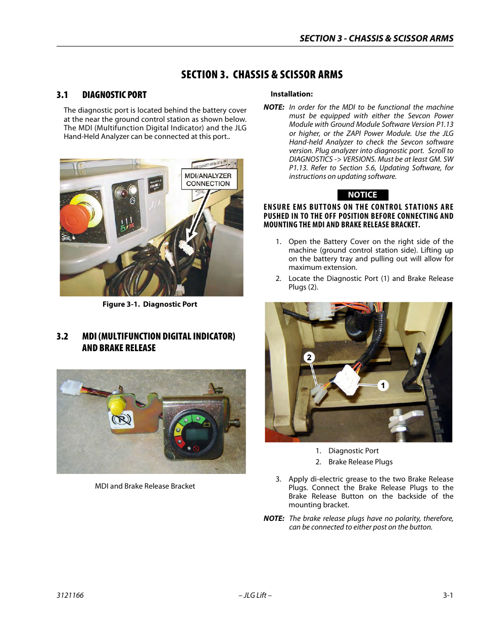 Section 3. chassis & scissor arms, 1 diagnostic port, Section | 3 - chassis & scissor arms, Diagnostic port -1 | JLG 3246ES Service Manual User Manual | Page 37 / 222