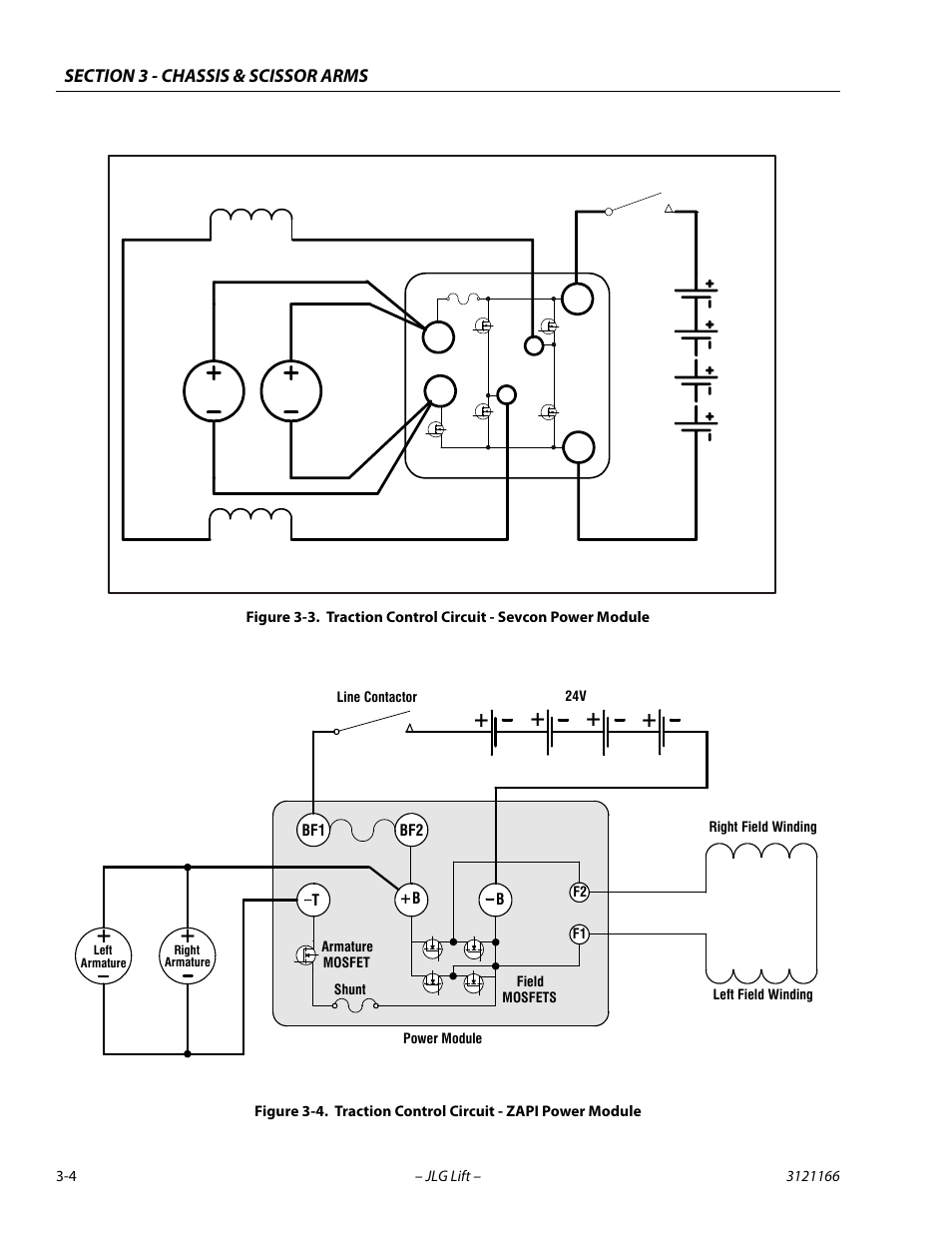 Traction control circuit - sevcon power module -4, Traction control circuit - zapi power module -4, 24v line contactor power module | Left field winding right field winding | JLG 3246ES Service Manual User Manual | Page 40 / 222
